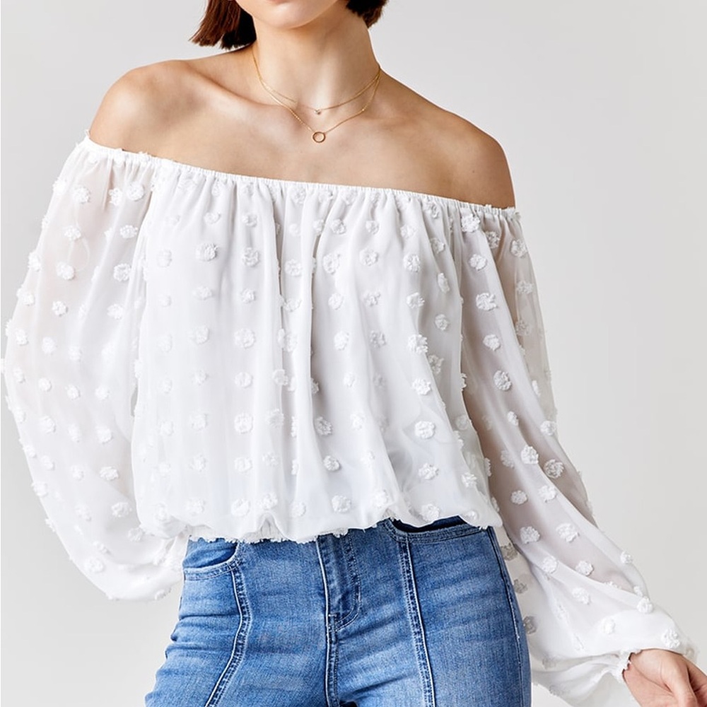 NWT Francesca’s Audrey Parks White Off-Shoulder Swiss Dot Blouse size XS